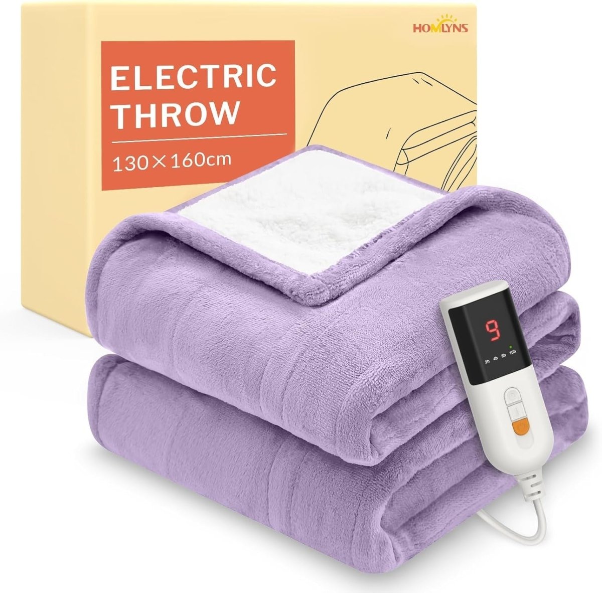 Electric Heated Throw Blanket Purple Sherpa Fleece 130x160cm 9 Heat Timer - Kwikley