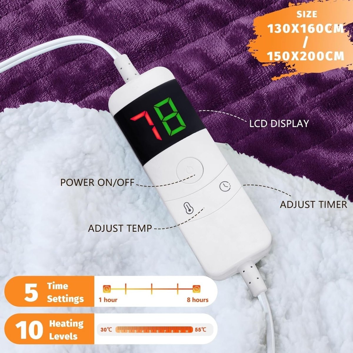 Electric Heated Throw Blanket Purple Soft Fleece 10 Heat Levels Timer 130x160cm - Kwikley