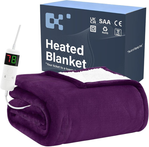 Electric Heated Throw Blanket Purple Soft Fleece 10 Heat Levels Timer 130x160cm - Kwikley