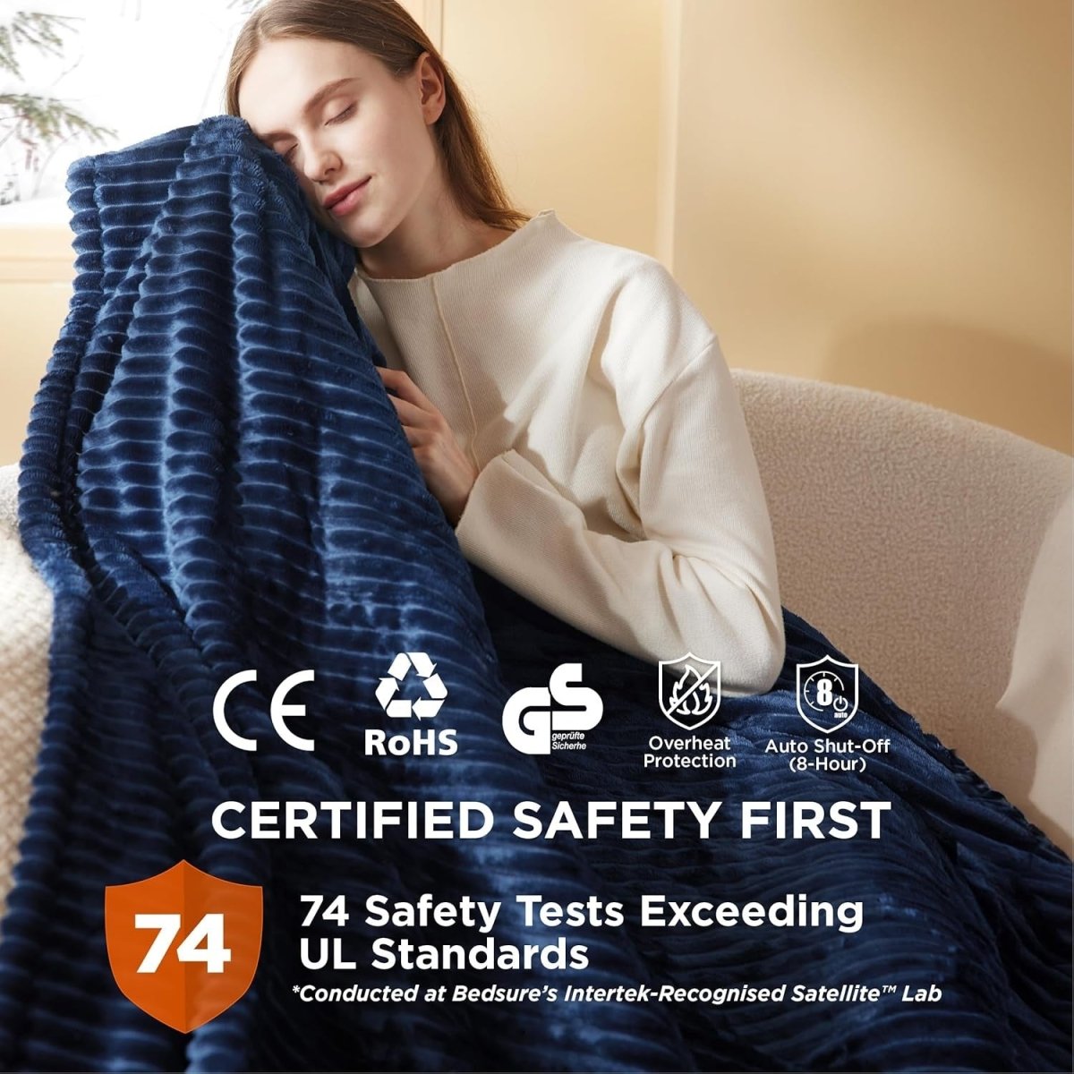 Electric Heated Throw Blanket Ribbed Flannel 6 Heat Settings 130x160cm - Kwikley
