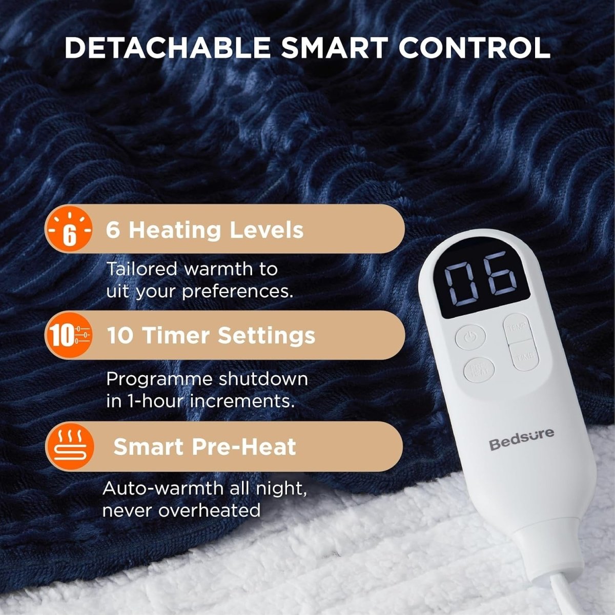 Electric Heated Throw Blanket Ribbed Flannel 6 Heat Settings 130x160cm - Kwikley