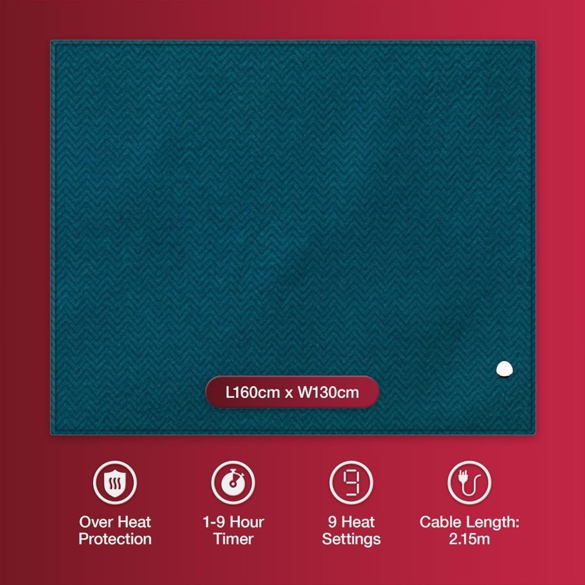 Electric Heated Throw Blanket Teal 160x130cm Soft Fleece 9 Heat Timer - Kwikley
