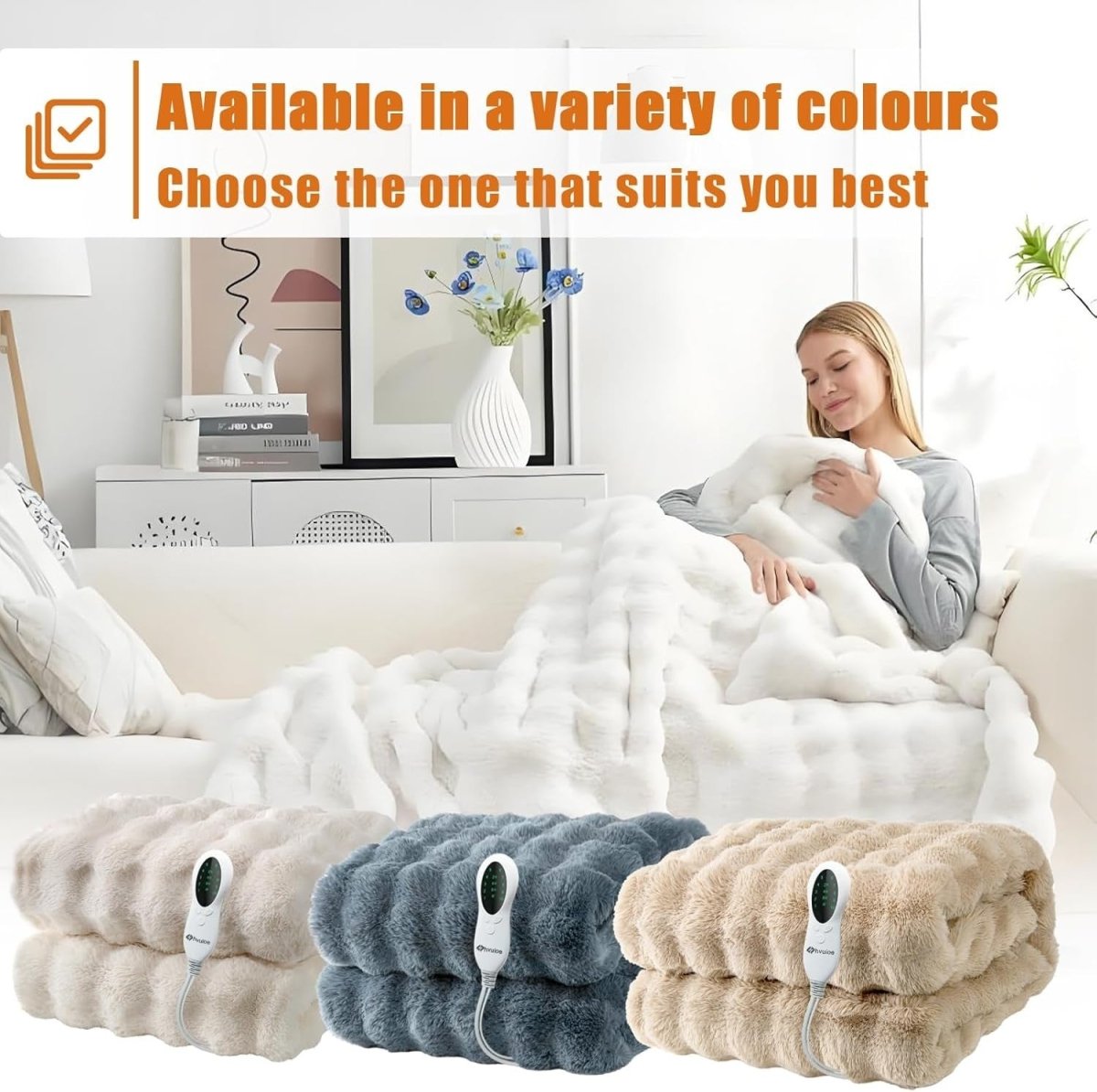 Electric Heated Throw Buff Blanket 160x130cm Faux Fur Fast Heat Auto Shut Off - Kwikley