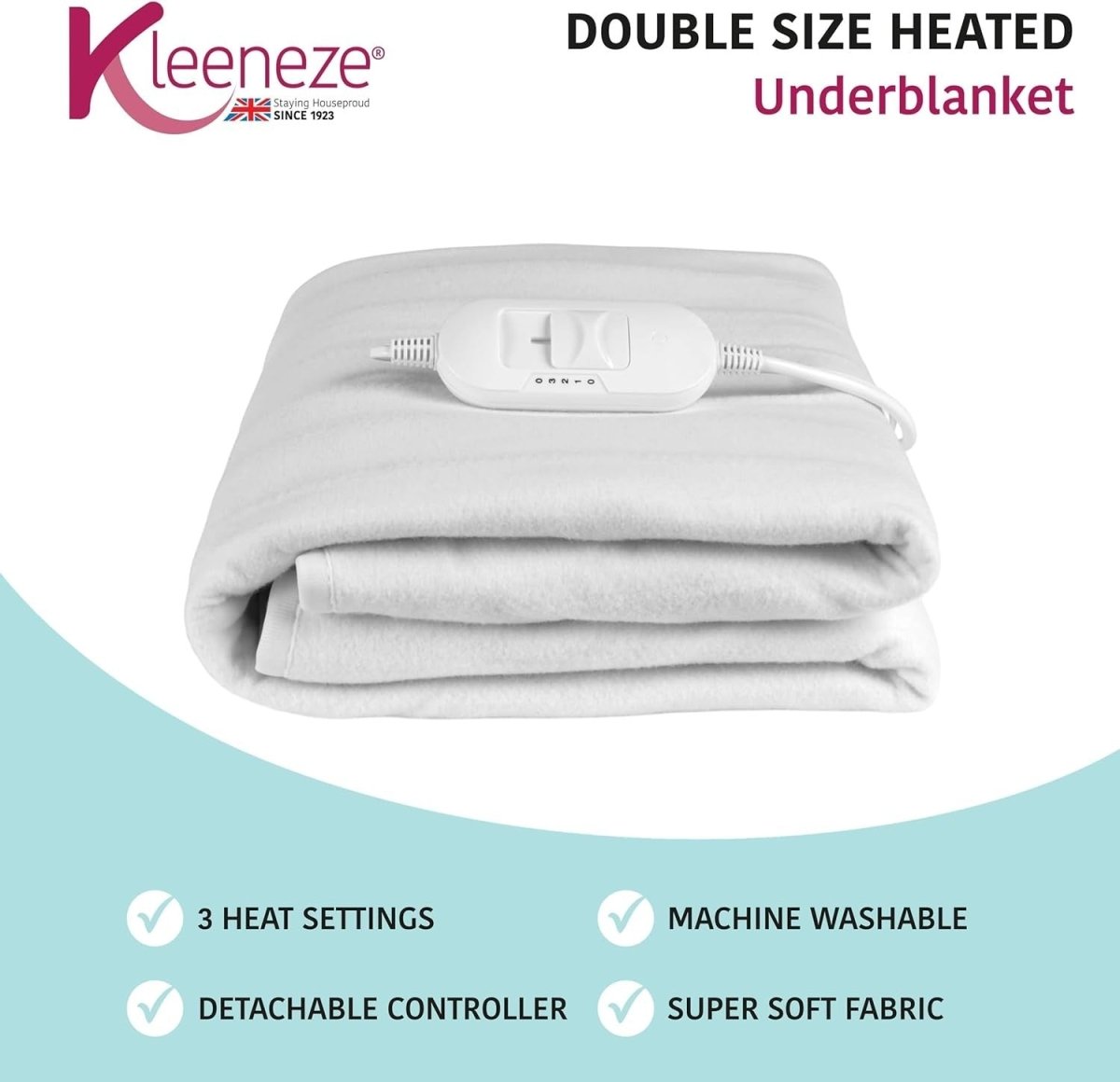 Electric Heated Underblanket Double Bed 3 Heat Settings Washable 135x120cm - Kwikley