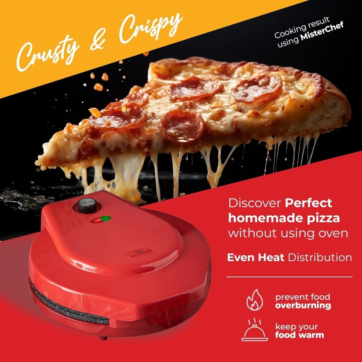 Electric Pizza Maker 1450W 12" Ceramic Crust Cooker, Non - Stick, Red, Fast - Kwikley