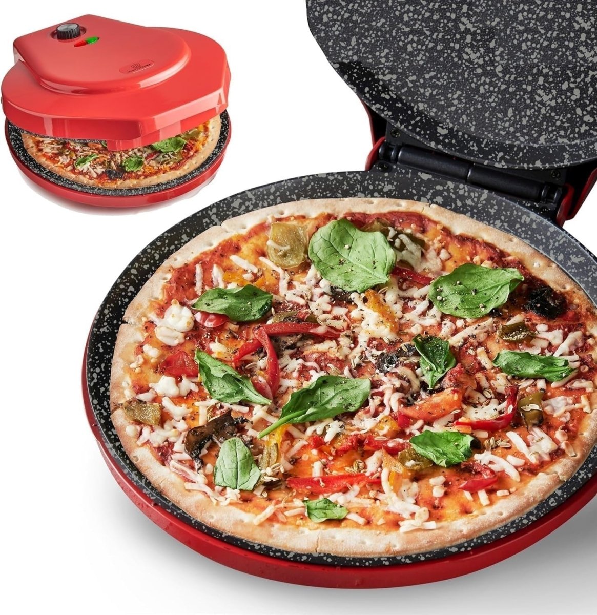 Electric Pizza Maker 1450W 12" Ceramic Crust Cooker, Non - Stick, Red, Fast - Kwikley