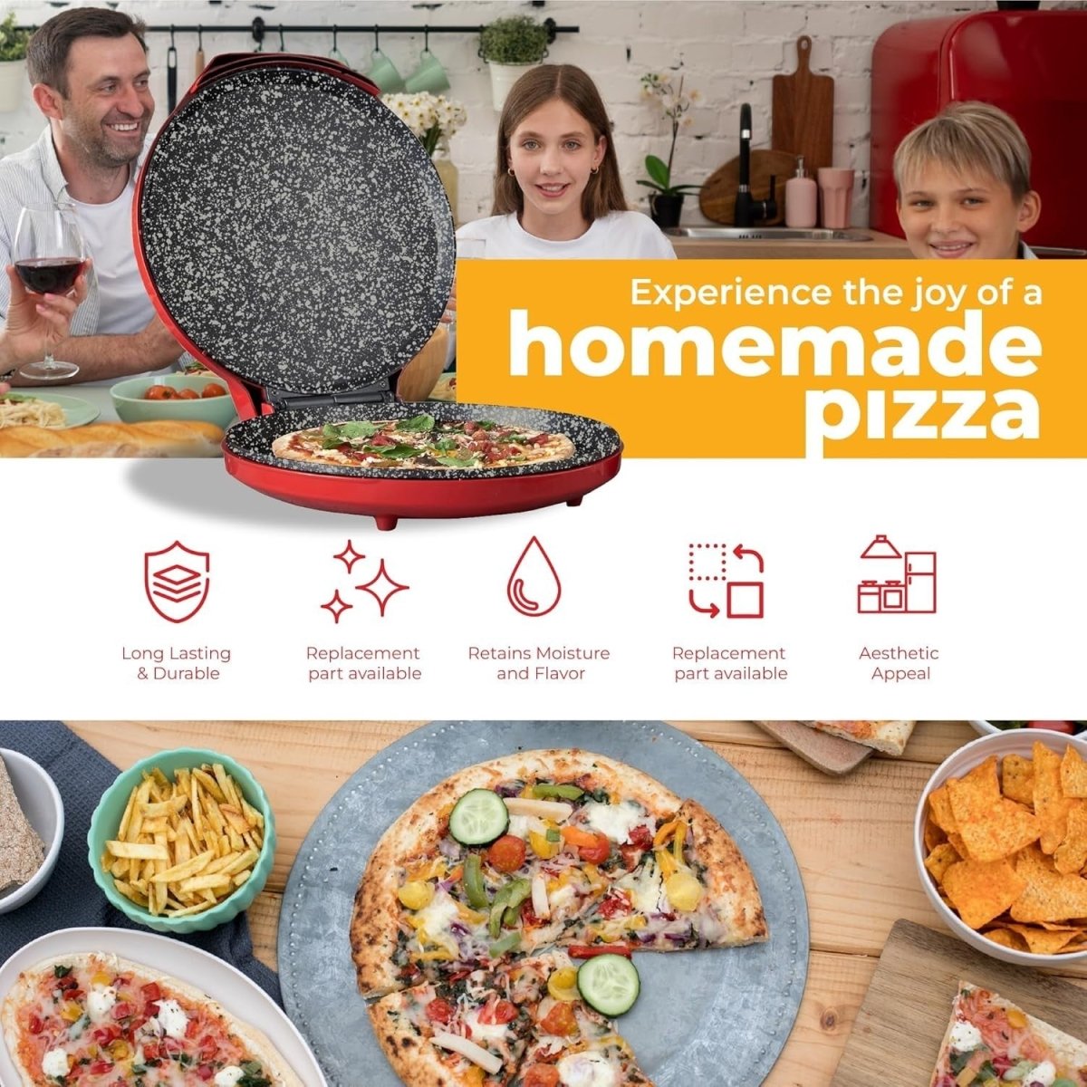 Electric Pizza Maker 1450W 12" Ceramic Crust Cooker, Non - Stick, Red, Fast - Kwikley