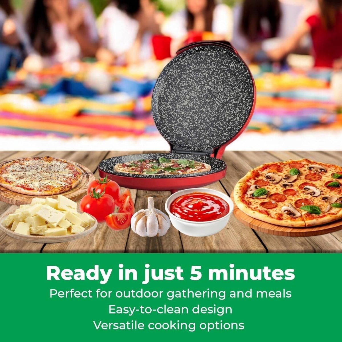 Electric Pizza Maker 1450W 12" Ceramic Crust Cooker, Non - Stick, Red, Fast - Kwikley