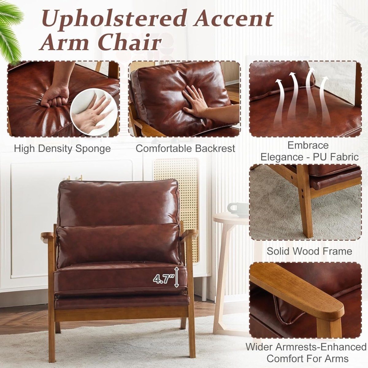 Elegant Brown Leather Accent Chair – Solid Wood Lounge Armchair - Kwikley