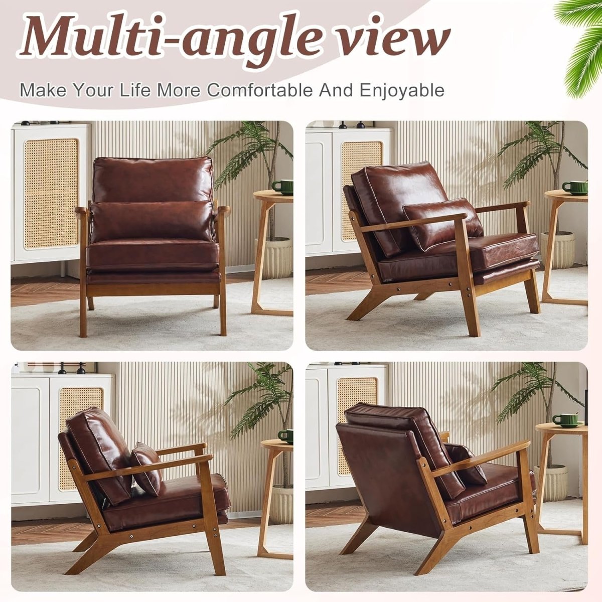 Elegant Brown Leather Accent Chair – Solid Wood Lounge Armchair - Kwikley