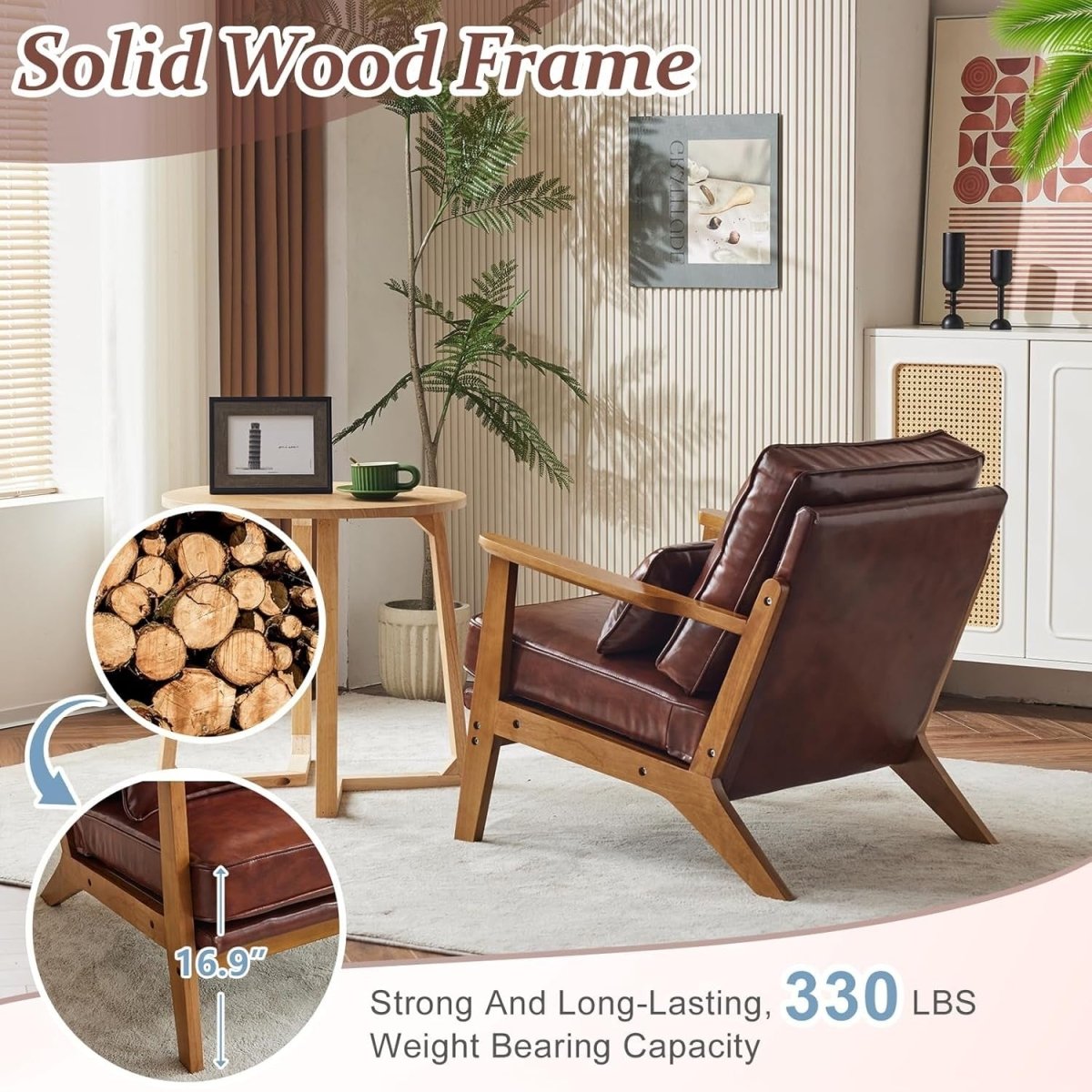 Elegant Brown Leather Accent Chair – Solid Wood Lounge Armchair - Kwikley