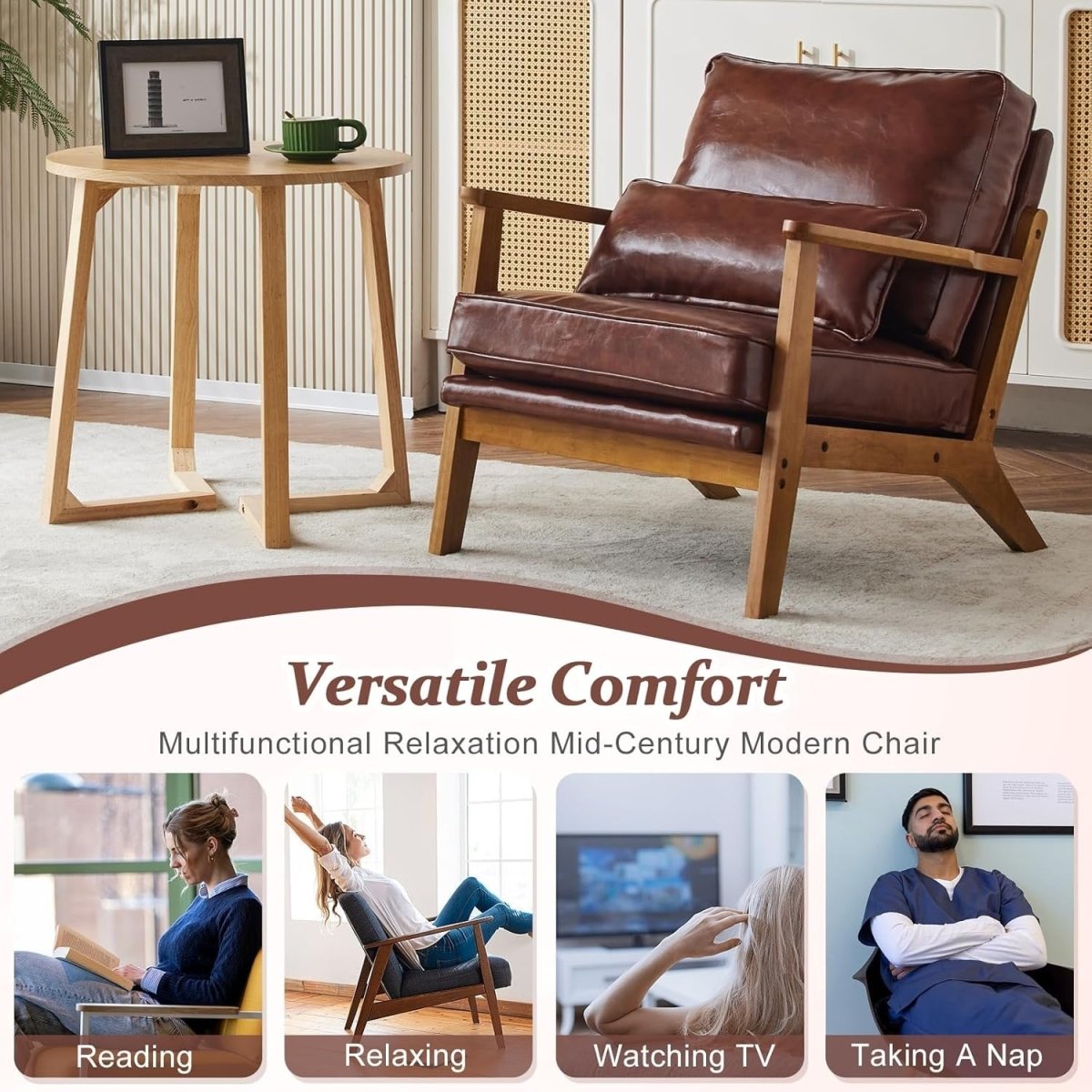Elegant Brown Leather Accent Chair – Solid Wood Lounge Armchair - Kwikley