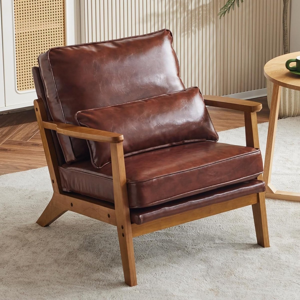 Elegant Brown Leather Accent Chair – Solid Wood Lounge Armchair - Kwikley