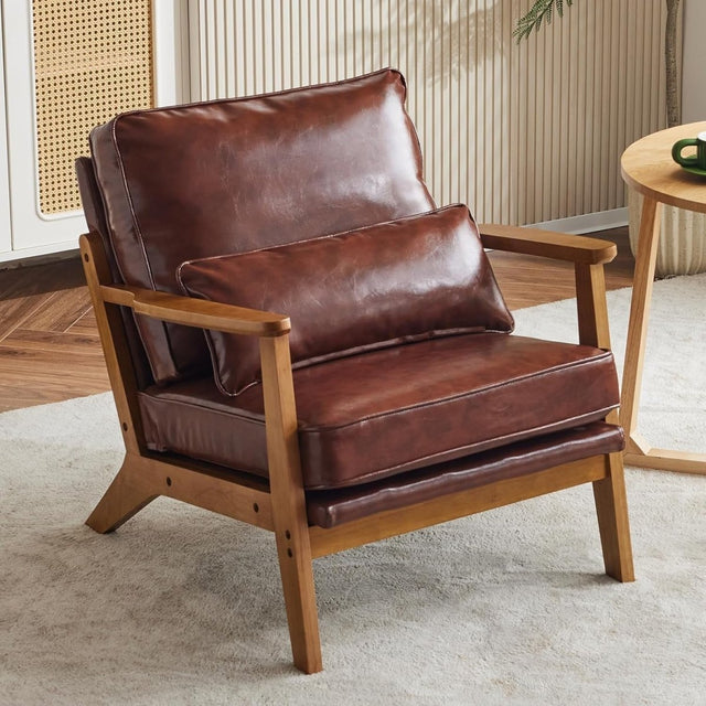 Elegant Brown Leather Accent Chair – Solid Wood Lounge Armchair