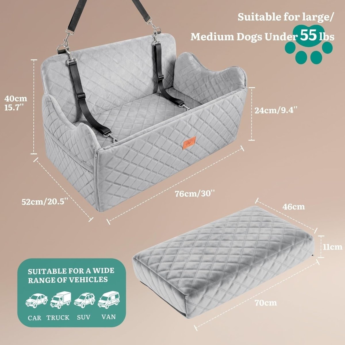 Elevated Dog Car Seat 55lb Travel Bed Memory Foam Washable Booster - Kwikley
