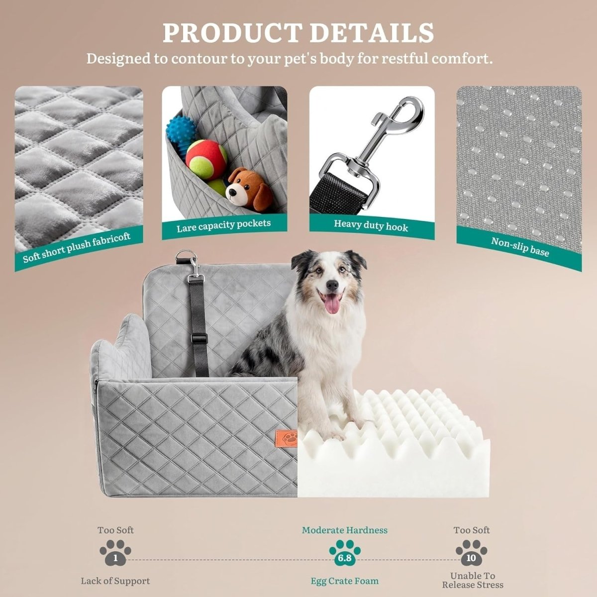 Elevated Dog Car Seat 55lb Travel Bed Memory Foam Washable Booster - Kwikley