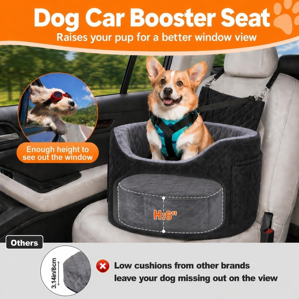 Elevated Dog Car Seat Memory Foam Booster Bed Safety Belt Pet Travel - Kwikley