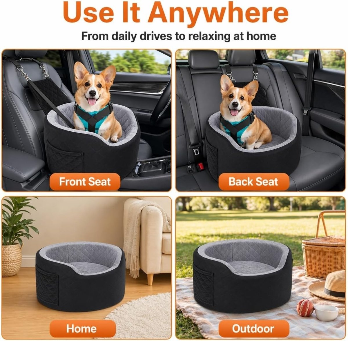 Elevated Dog Car Seat Memory Foam Booster Bed Safety Belt Pet Travel - Kwikley