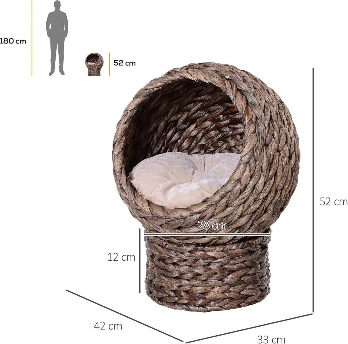 Elevated Wicker Cat Cave Bed Natural Basket House w Soft Cushion - Kwikley