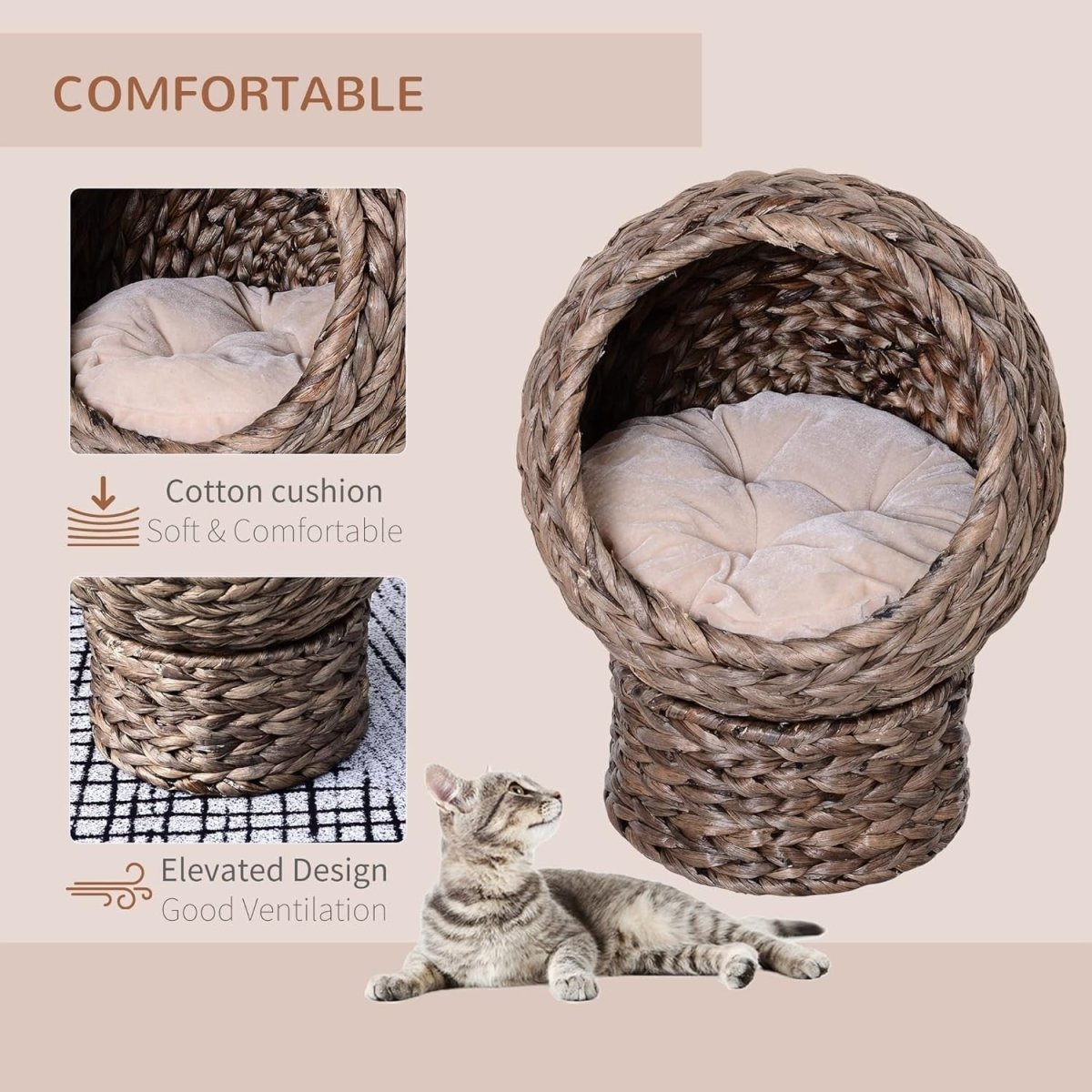 Elevated Wicker Cat Cave Bed Natural Basket House w Soft Cushion - Kwikley