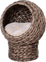 Elevated Wicker Cat Cave Bed Natural Basket House w Soft Cushion - Kwikley