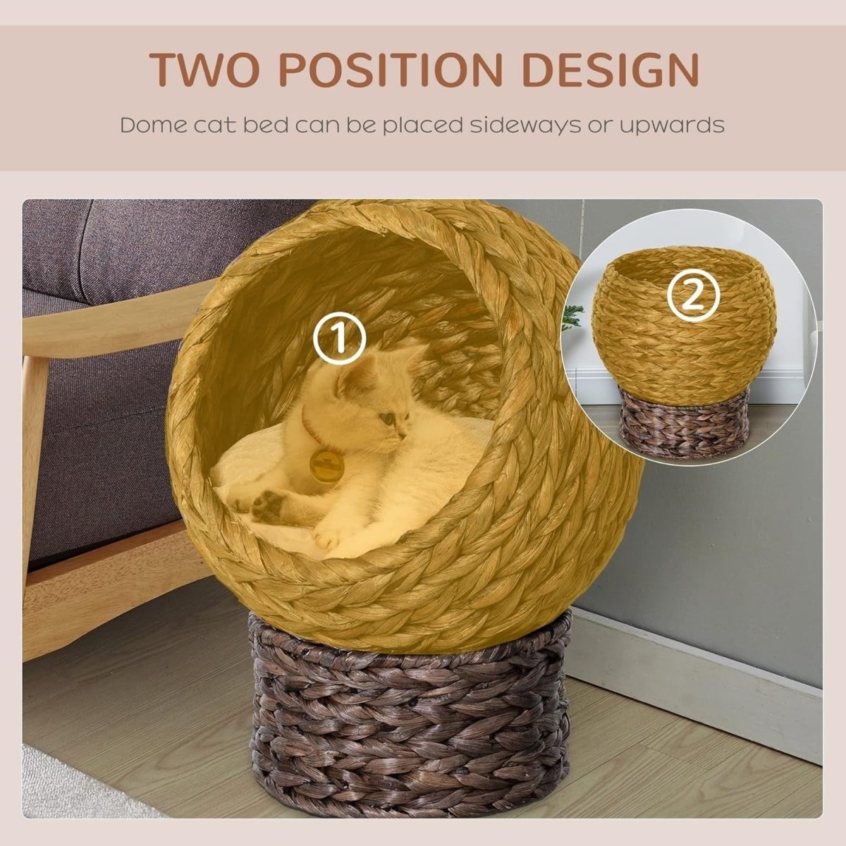 Elevated Wicker Cat Cave Bed Natural Basket House w Soft Cushion - Kwikley