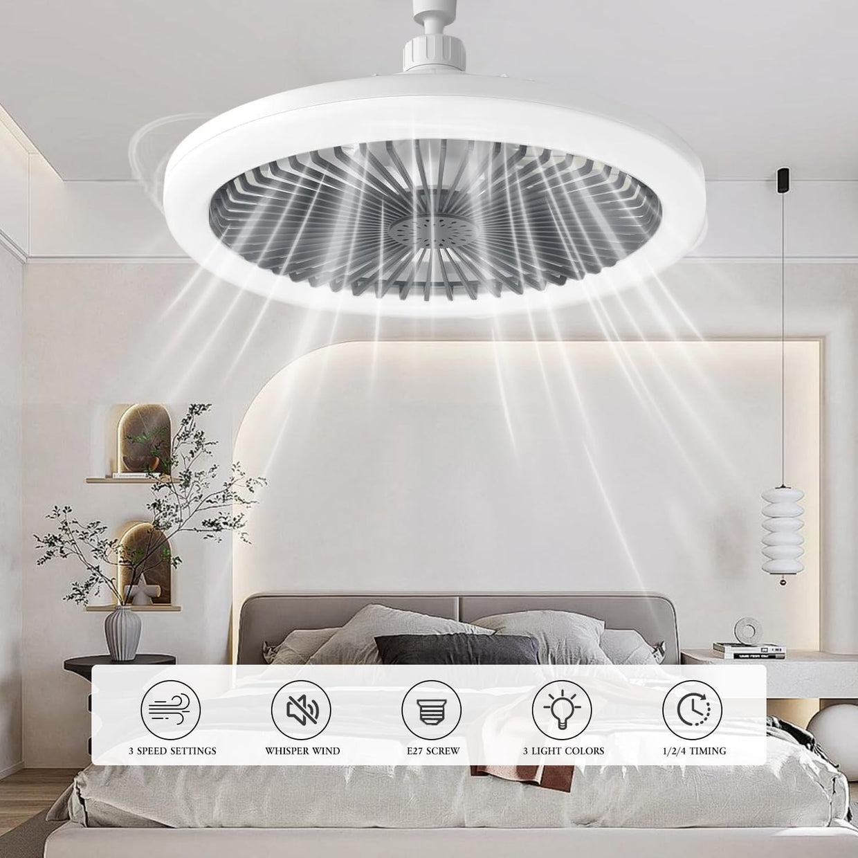 ELSMAOL LED Ceiling Fan with Lights, 30W, 3 Speeds, Dimmable, Remote - Kwikley