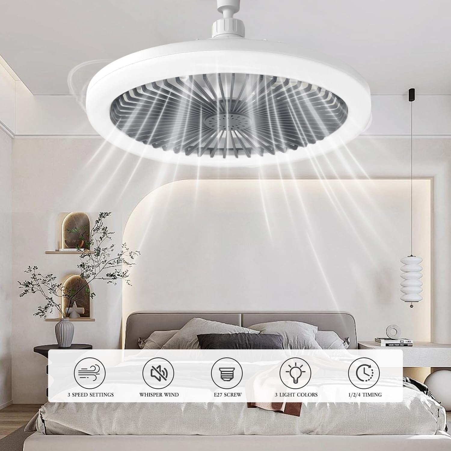 ELSMAOL LED Ceiling Fan with Lights, 30W, 3 Speeds, Dimmable, Remote - Kwikley