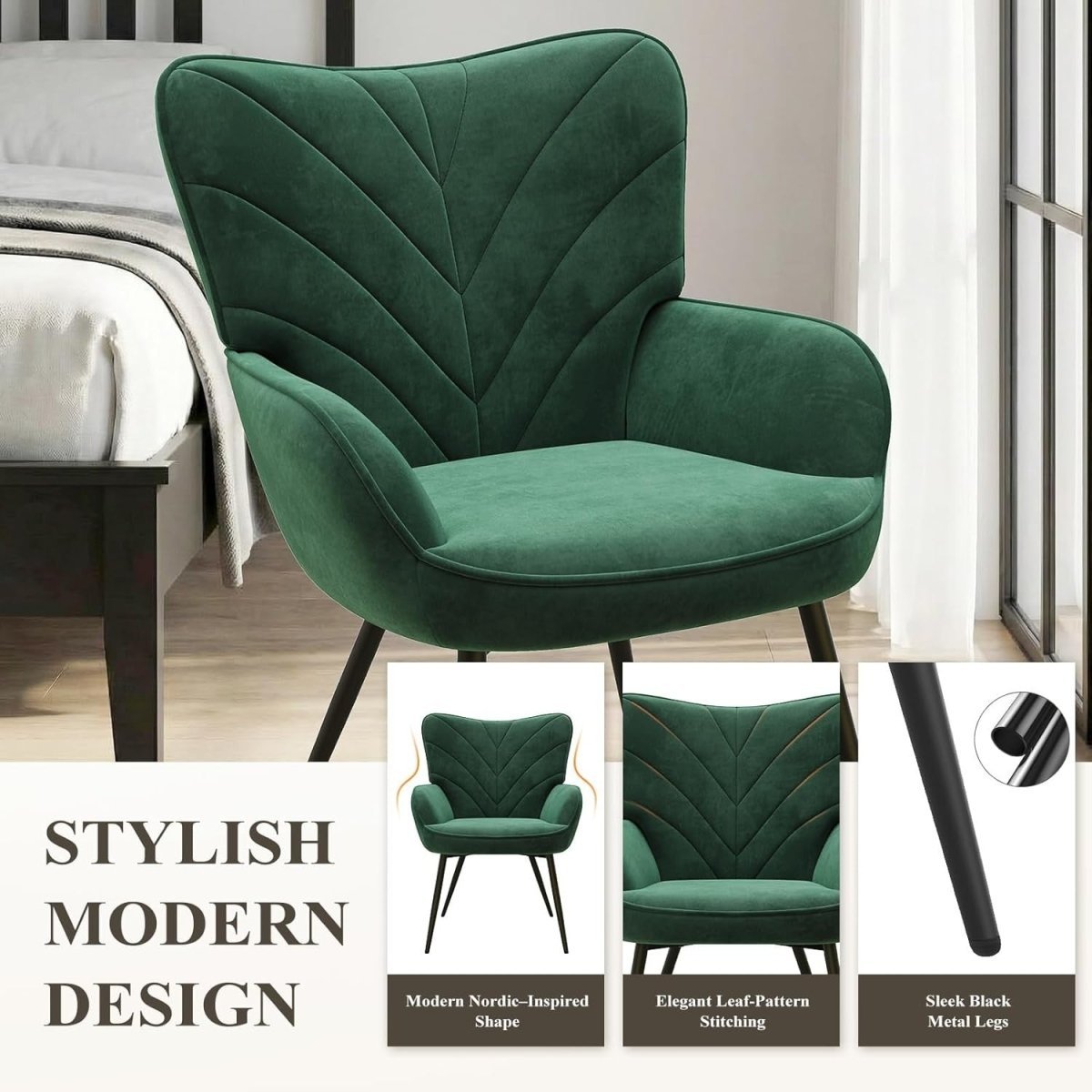 Emerald Green Velvet Accent Chair Wide Seat Metal Legs - Kwikley