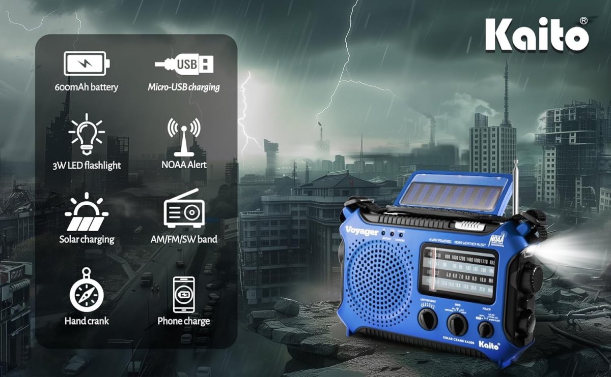 Emergency Weather Alert Radio Solar Hand Crank AM FM SW 7 Band Blue - Kwikley