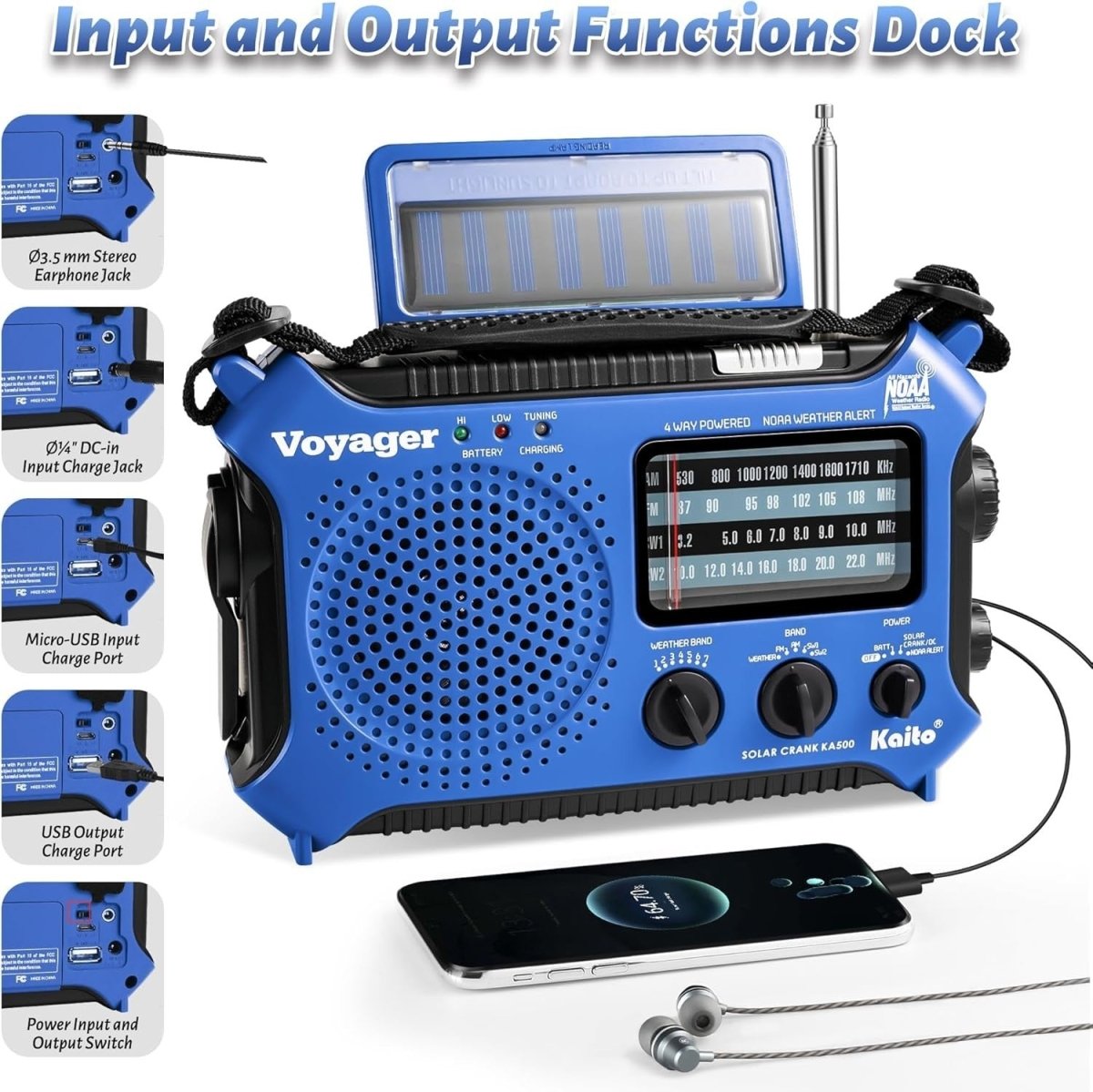 Emergency Weather Alert Radio Solar Hand Crank AM FM SW 7 Band Blue - Kwikley