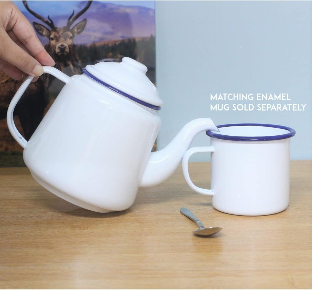 Enamel Teapot 1.5L Camping Tea Coffee Pot Stove Safe White Blue - Kwikley