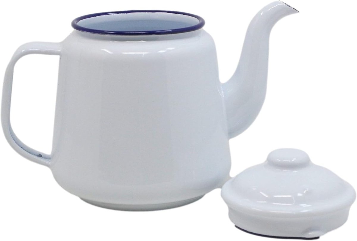 Enamel Teapot 1.5L Camping Tea Coffee Pot Stove Safe White Blue - Kwikley