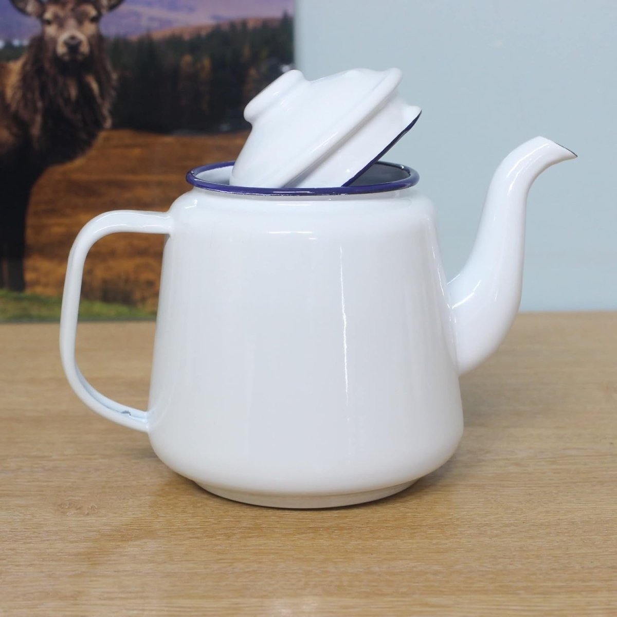Enamel Teapot 1.5L Camping Tea Coffee Pot Stove Safe White Blue - Kwikley