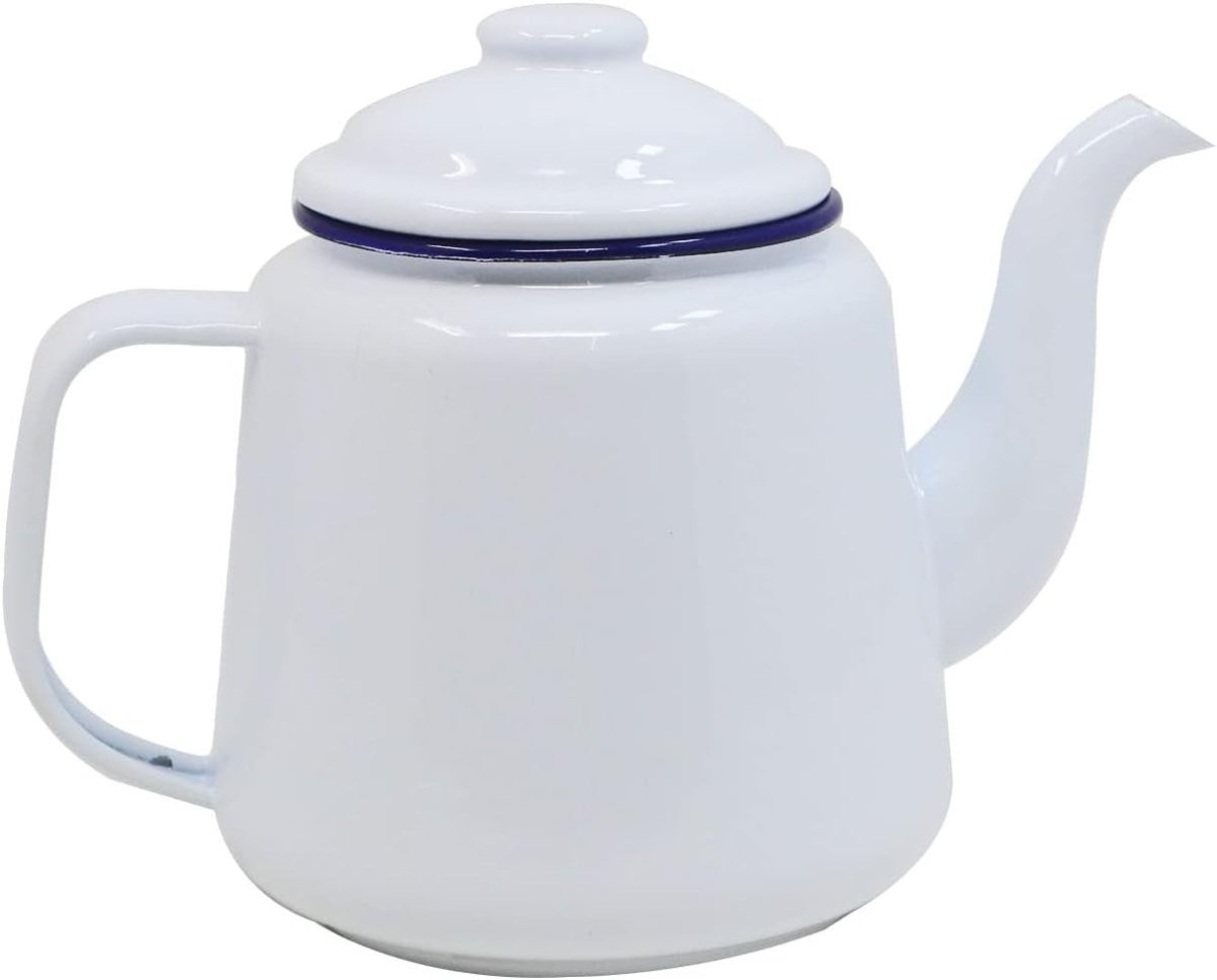 Enamel Teapot 1.5L Camping Tea Coffee Pot Stove Safe White Blue - Kwikley