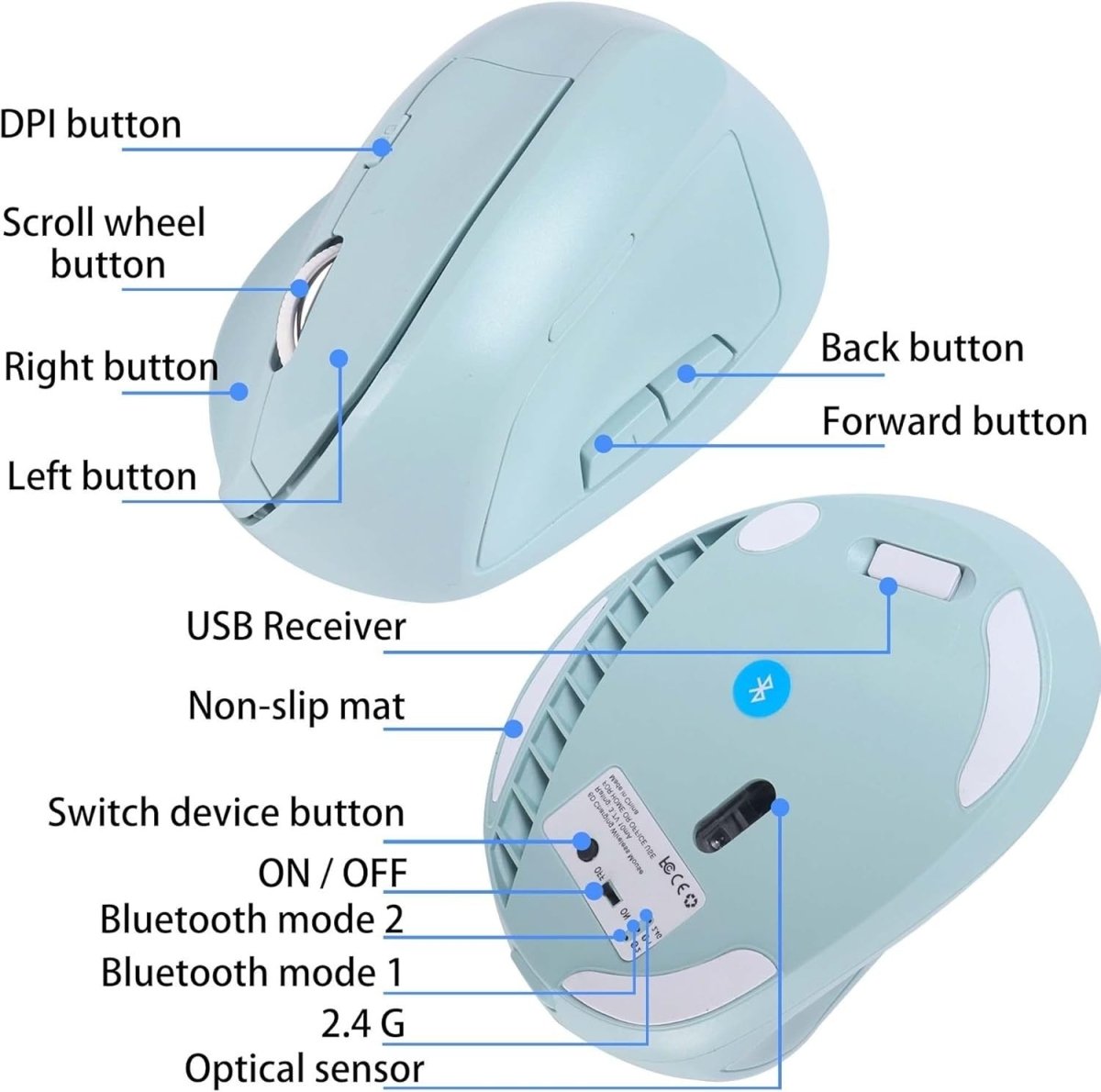 Ergonomic Bluetooth Vertical Mouse Wireless Silent Rechargeable USB 7Btn - Kwikley