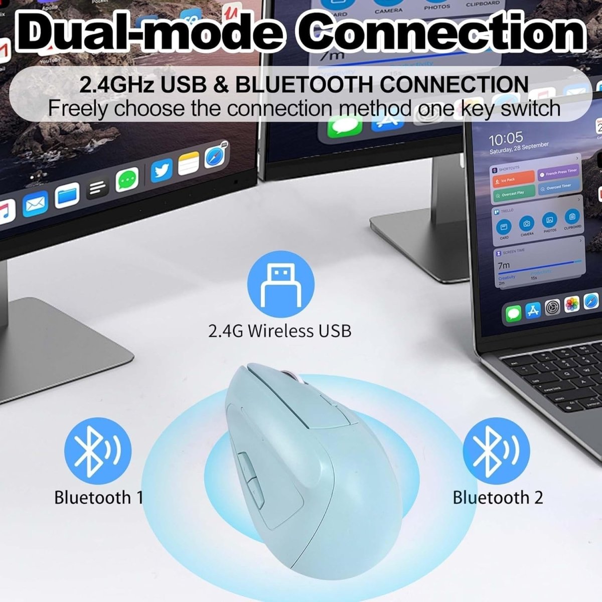 Ergonomic Bluetooth Vertical Mouse Wireless Silent Rechargeable USB 7Btn - Kwikley