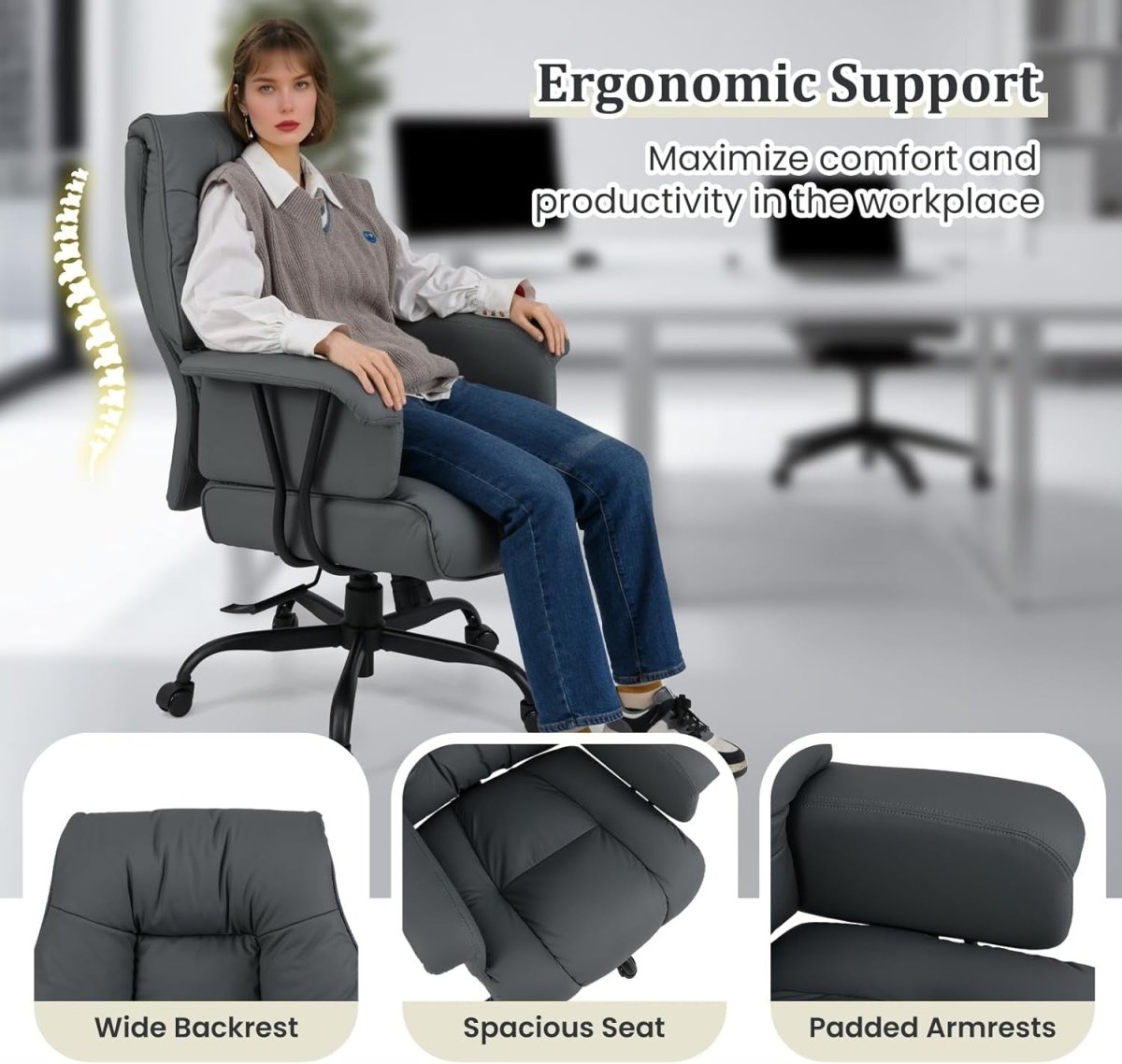 Ergonomic Executive Office Chair High Back PU Leather Swivel - Kwikley