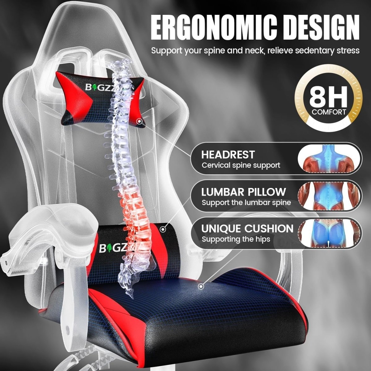 Ergonomic Gaming Chair Black Red Reclining Adjustable - Kwikley