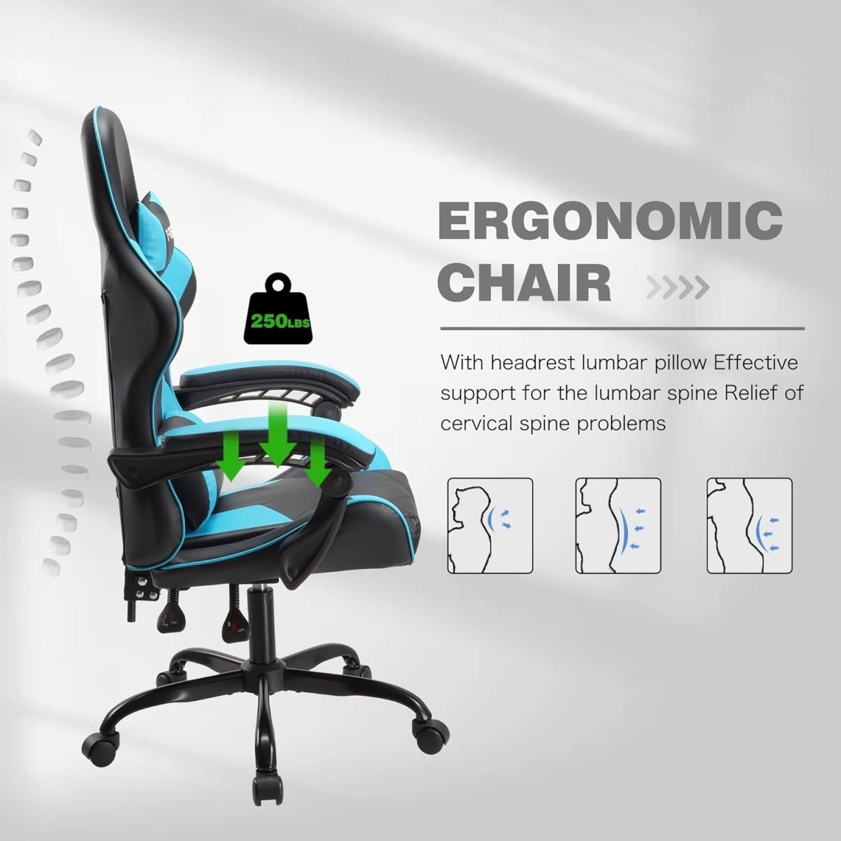 Ergonomic Gaming Chair High Back Swivel Office Desk 150kg Blue - Kwikley