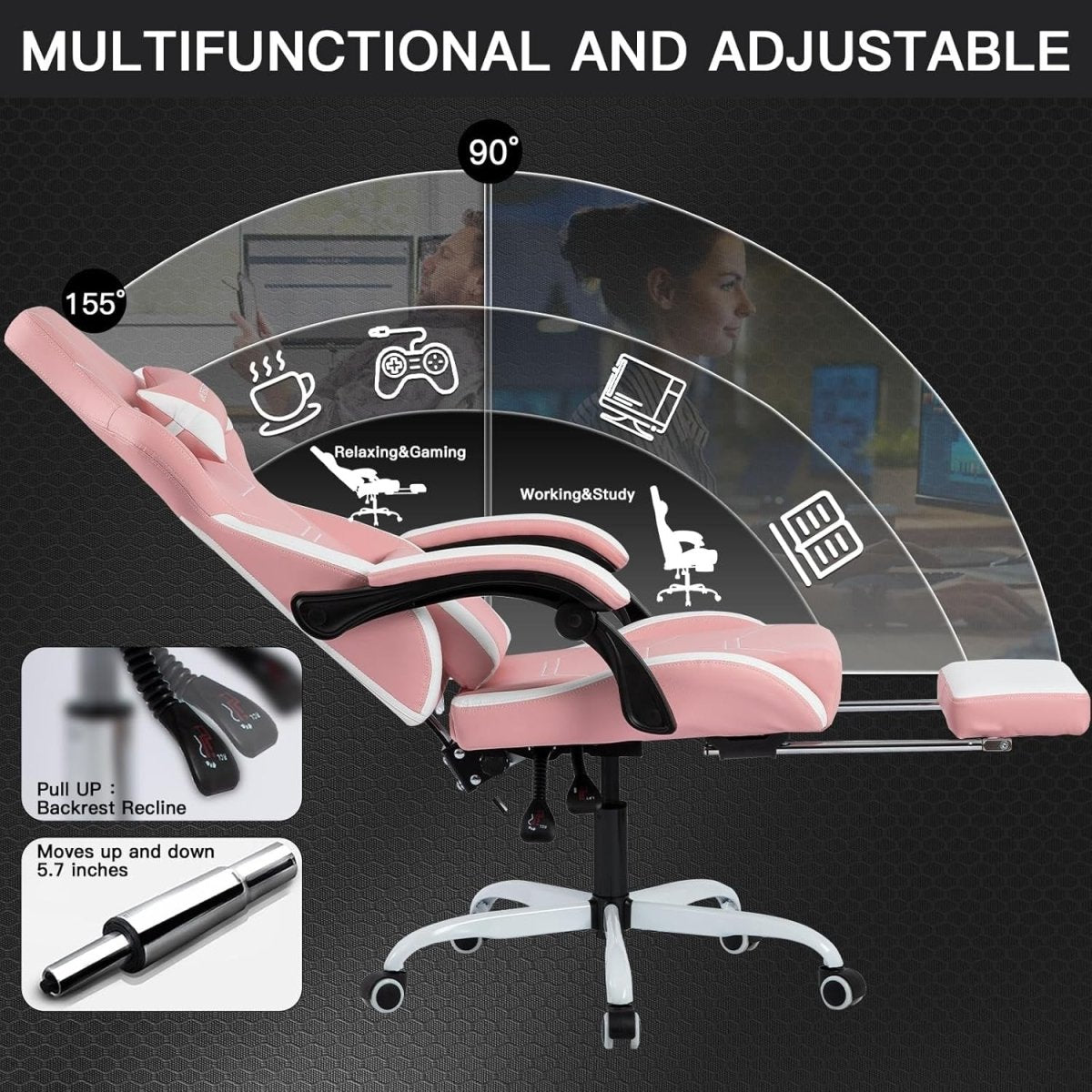 Ergonomic Gaming Chair Pink White w/ Footrest & Lumbar Support - Kwikley