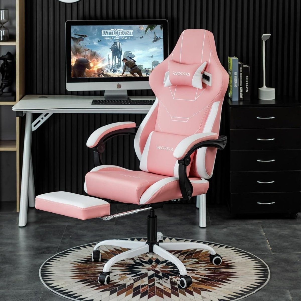Ergonomic Gaming Chair Pink White w/ Footrest & Lumbar Support - Kwikley
