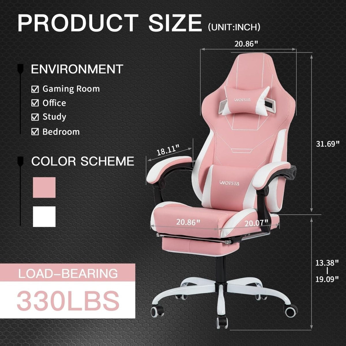 Ergonomic Gaming Chair Pink White w/ Footrest & Lumbar Support - Kwikley