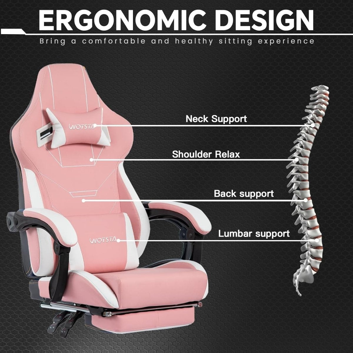 Ergonomic Gaming Chair Pink White w/ Footrest & Lumbar Support - Kwikley