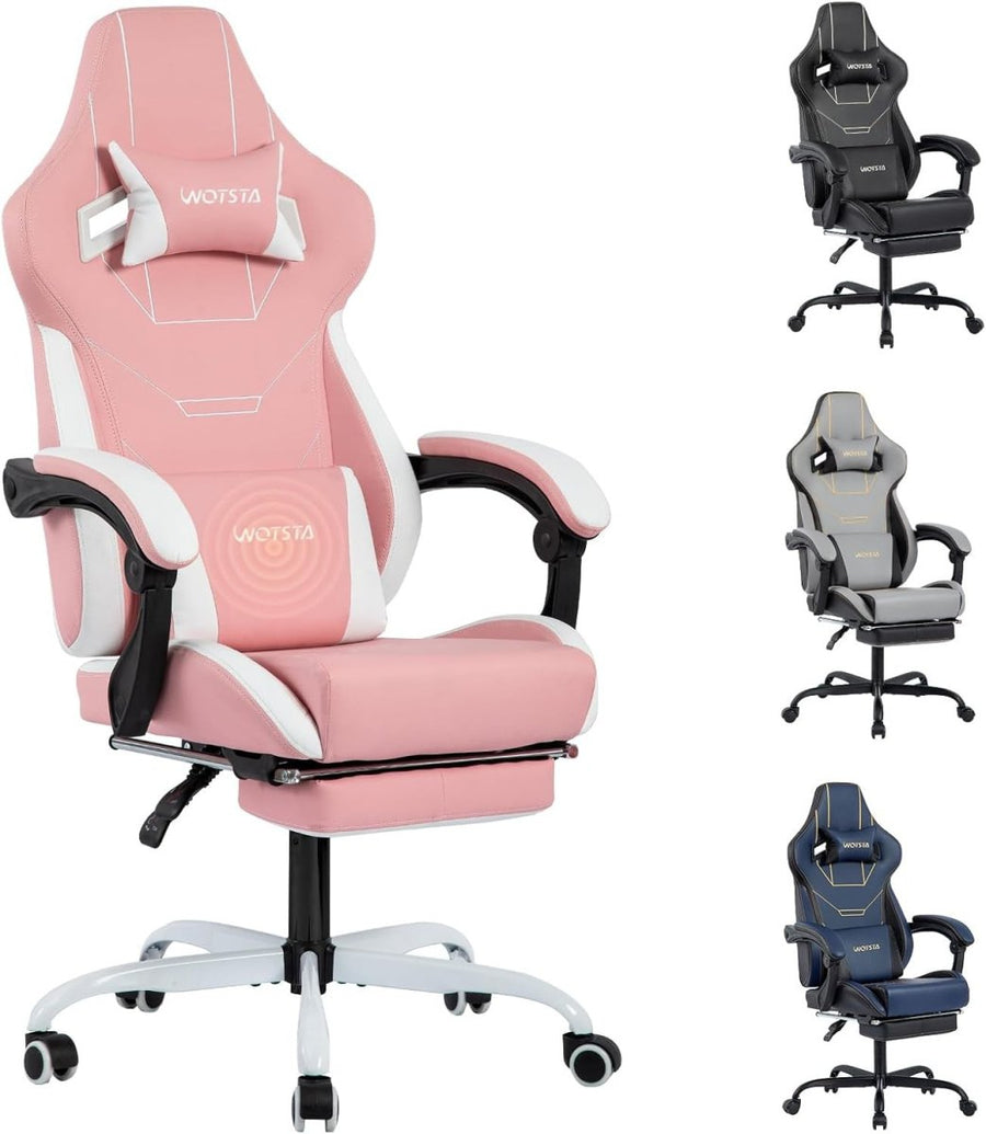 Ergonomic Gaming Chair Pink White w/ Footrest & Lumbar Support - Kwikley