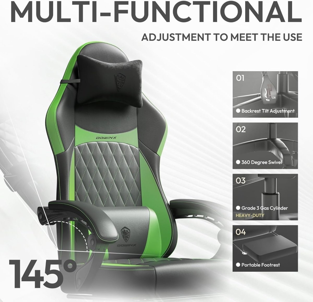 Ergonomic Gaming Chair Recliner Footrest Massage 90–145° - Kwikley