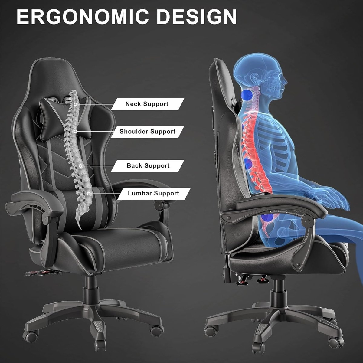 Ergonomic Gaming Chair Recliner Swivel Office Chair Grey - Kwikley