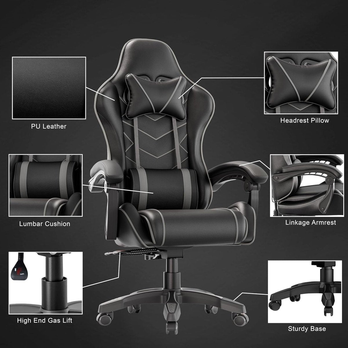 Ergonomic Gaming Chair Recliner Swivel Office Chair Grey - Kwikley