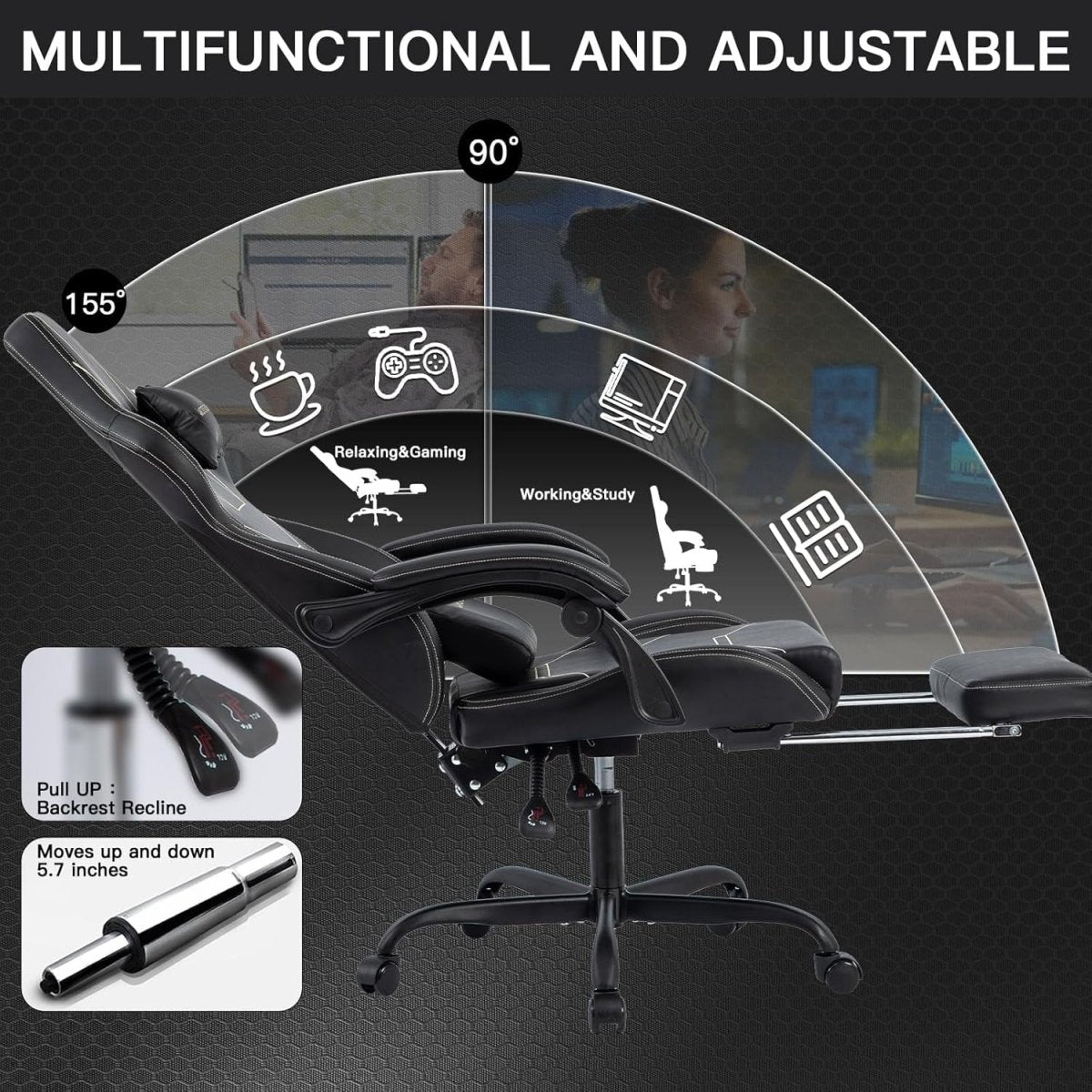 Ergonomic Gaming Chair Recliner w/ Footrest & Lumbar Massage - Kwikley