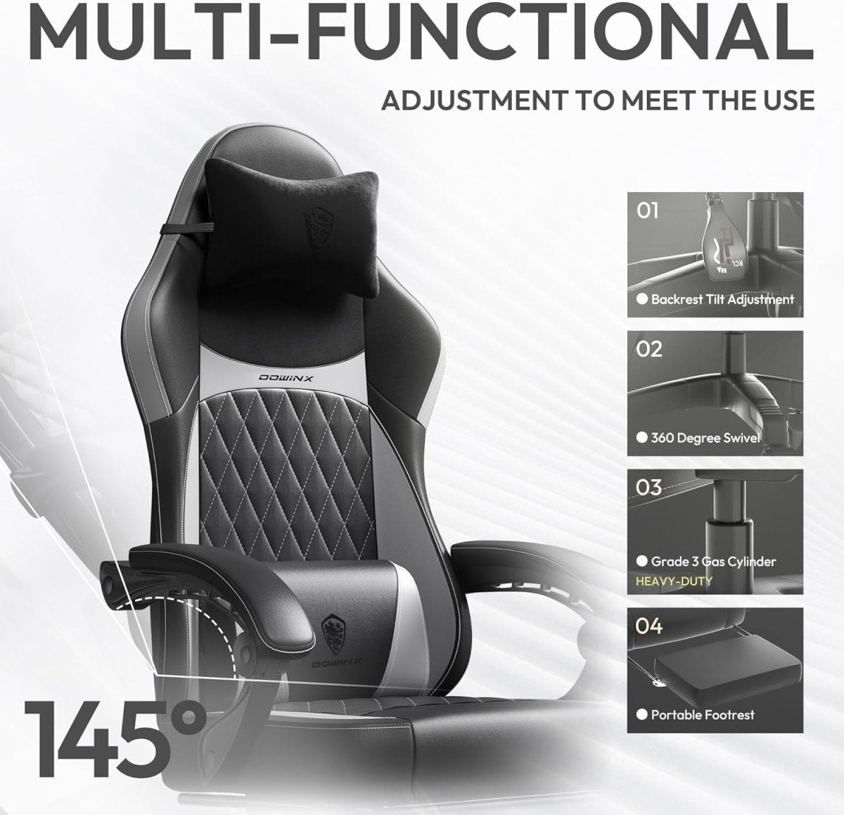 Ergonomic Gaming Chair Recliner w/ Fotrest Massage 90–145° - Kwikley